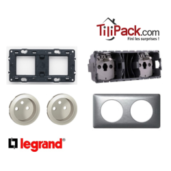 Double prise Legrand Céliane 2x2P+T - Appareillage complet Anodisé Alu encastré