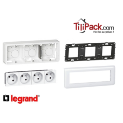 Quadruple prise Legrand Mozaic 4x2P+T - Appareillage complet Blanc saillie