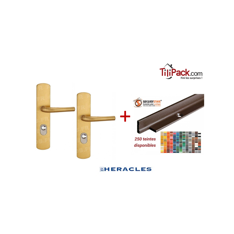 Ensemble de sécurité double béquille blindée, Héraclès Salomé™ - Doré + Cornières anti-pinces avec couleur au choix Ensemble de sécurité double béquille blindée, Héraclès Salomé™ - Doré + Cornières anti-pinces avec couleur au choix
