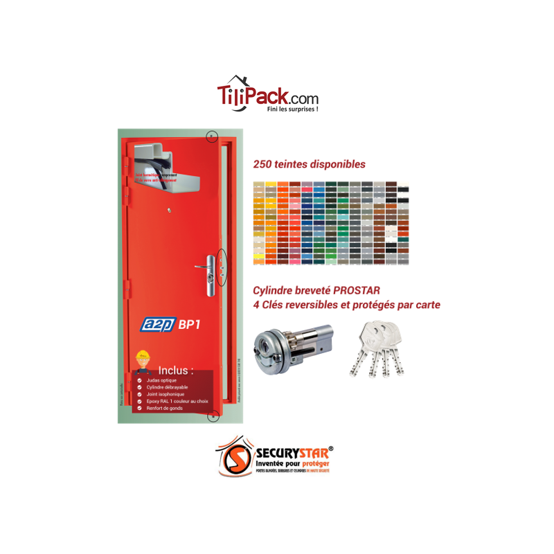 Porte blindée A2P BP1, Securystar L'Exclusif, Serrure 3 points haut et bas, isolation acoustique