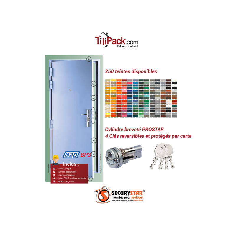 Porte blindée A2P BP3, Securystar|Serrure A2P***|Fournie/posée